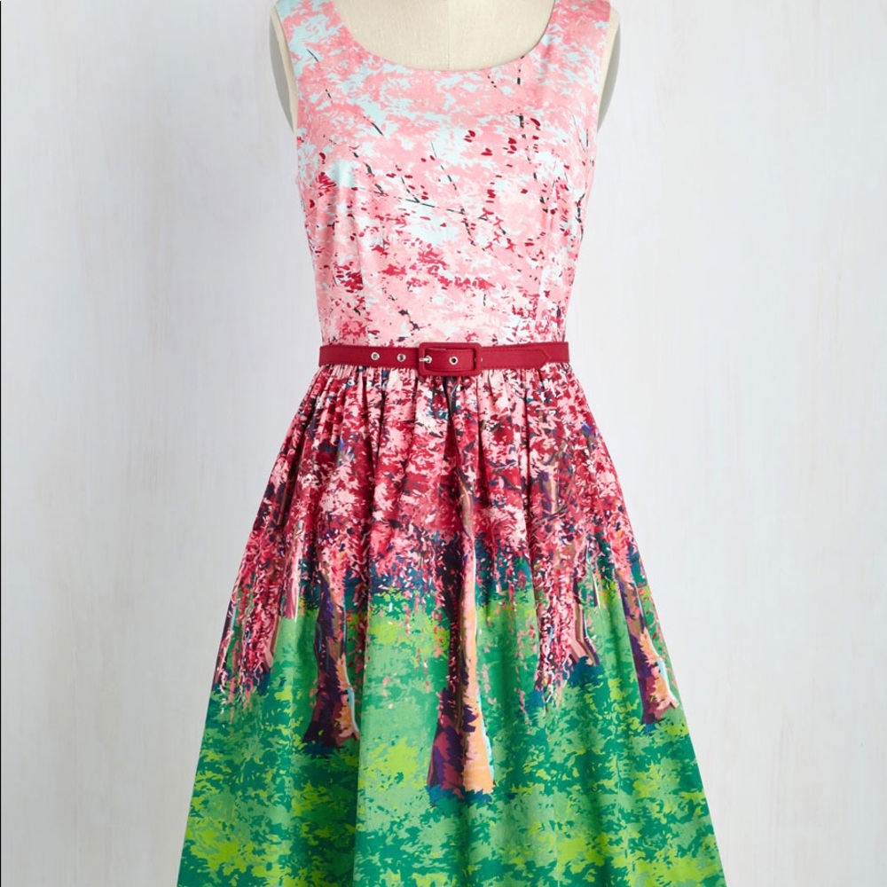 Sleeveless Pink & Green Floral Fit-and-Flare Dress